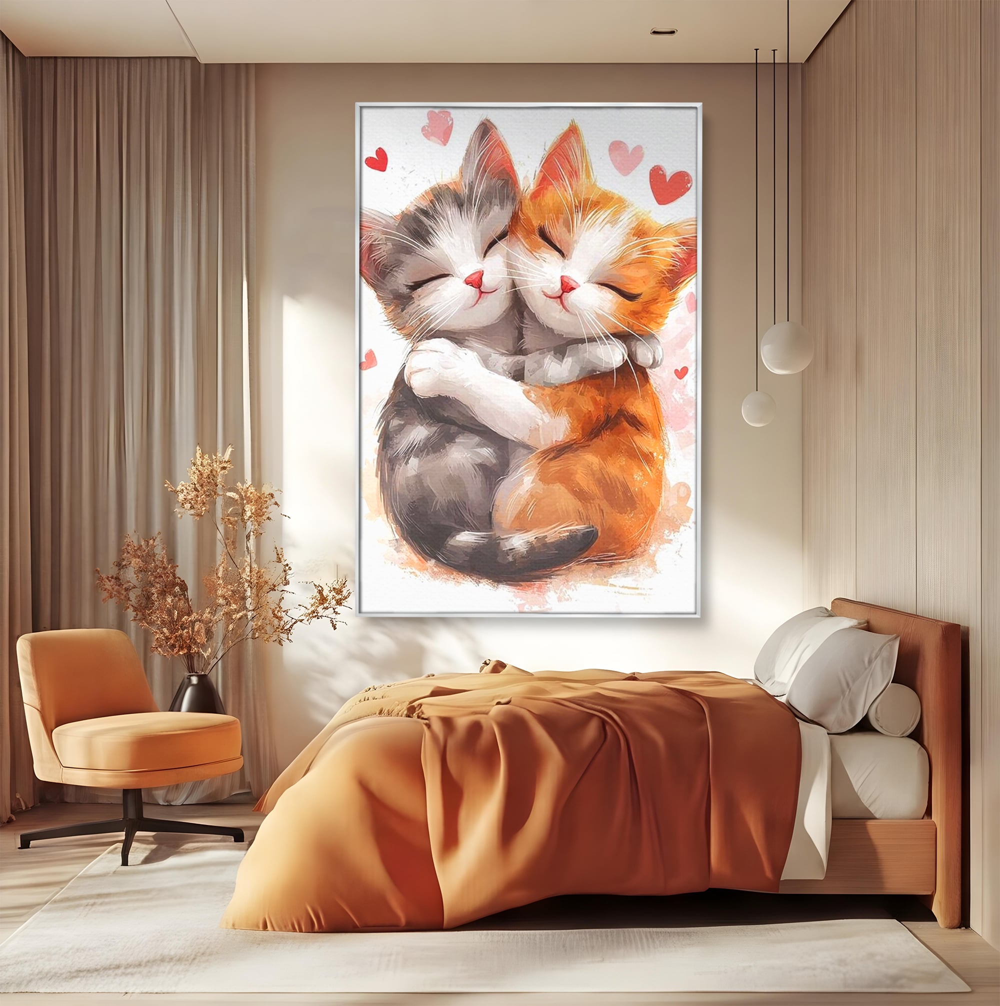 Tablou canvas cu doua pisicute care se imbratiseaza, in rama de aluminiu argintiu, pe perete intr-un dormitor
